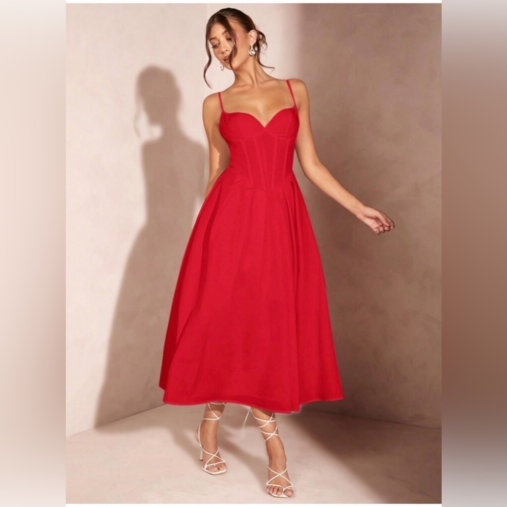 SHEIN BAE Red Corset Midi Super A-Line Strap Special Occasion Dress size XS